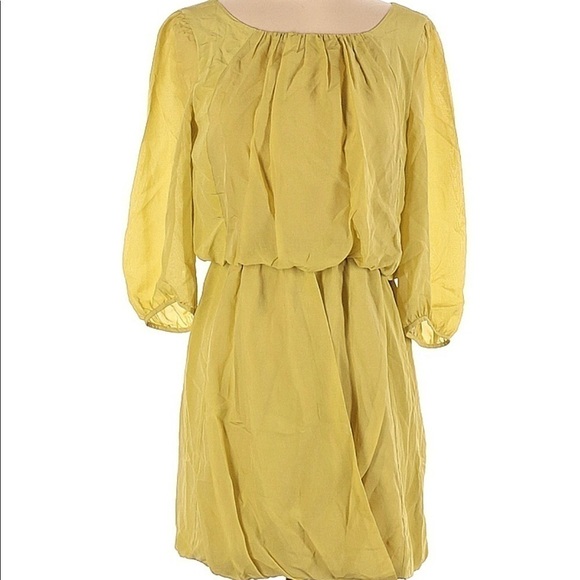 TIBI Yellow Silk Scoop Neck Ruched Mini Dress 3/4 Sleeves - Picture 1 of 12